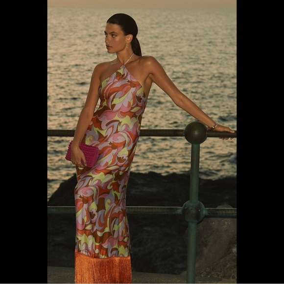 Anthropologie Delfi Collective Halter Fringe Maxi Dress Medium Retro Event - Picture 5 of 16